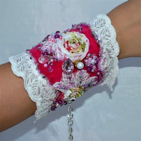 Red White Wide Fabric Cuff Bracelet With Roses Lace Rose Quartz Pearls