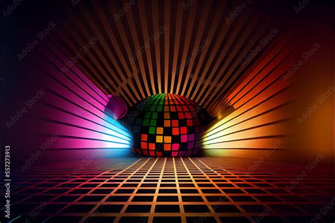 Retro Colorful Disco Background With Mirror Ball And Spotlights On The