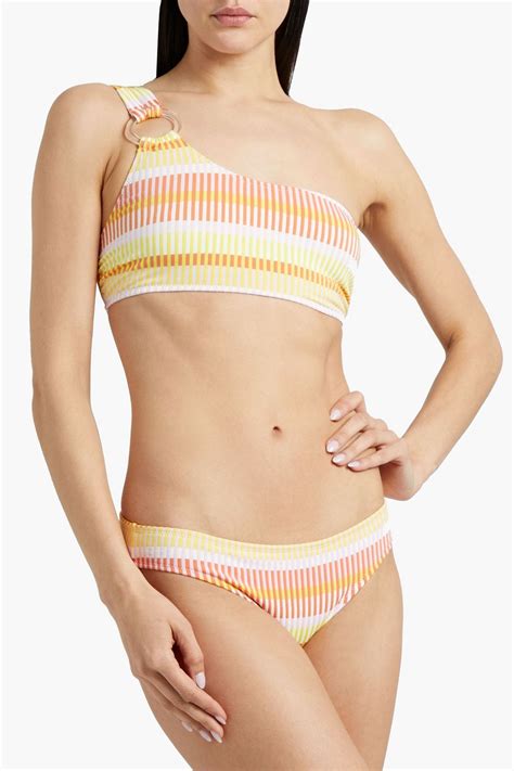 SOLID STRIPED The Desi One Shoulder Ring Embellished Striped Bikini