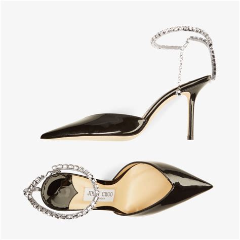 Black Patent Leather Pumps With Crystal Embellishment SAEDA 85