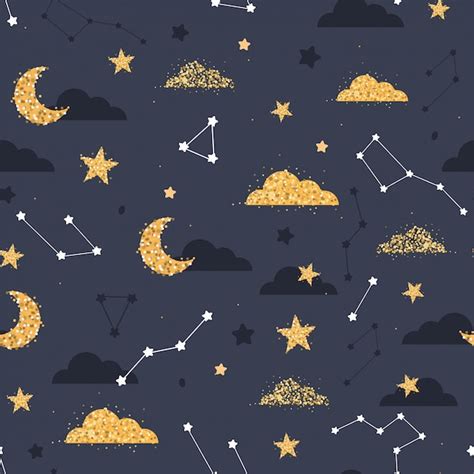 Premium Vector Seamless Pattern With Golden Cloud Stars Moon In The