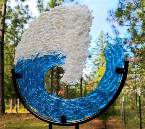 3d Ocean Wave 12 Inch Cremation Ashes Infused Glass Memorial Art Sculpture With Iron Stand