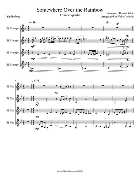 Somewhere Over The Rainbow Trumpet Quartet Sheet Music For Trumpet