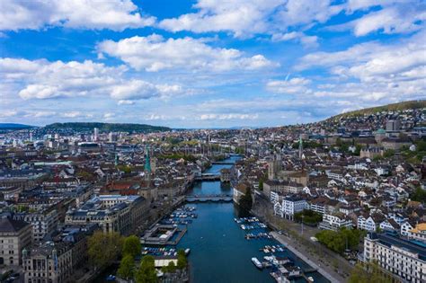 Zurich City Old Town Skyline And Limmat River On Sunny Day Switzerland