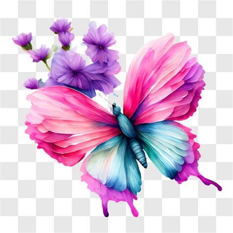 Descarga Mariposa Colorida Con Alas Azules Y Rosas Y Flores Moradas En