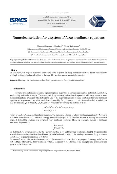 PDF Numerical Solution For A System Of Fuzzy Nonlinear Equations