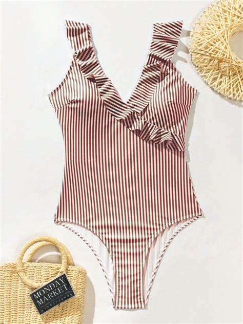 Striped Ruffle Trim One Piece Swimsuit Shein Usa