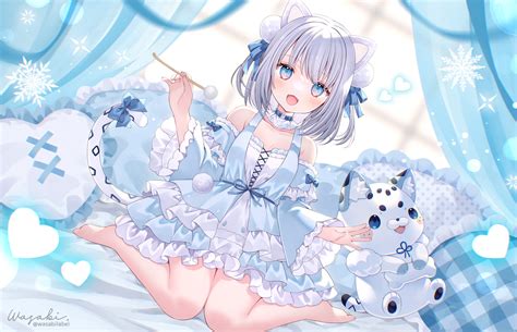 Animal Ears Barefoot Bed Blush Catgirl Cat Smile Choker Dress Fang Gray