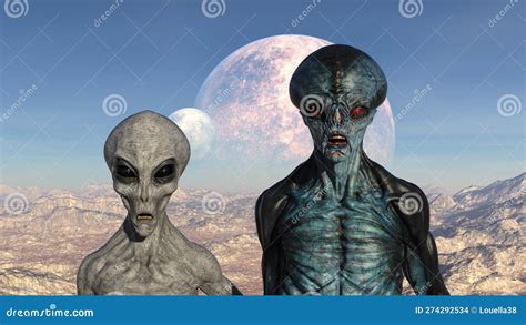 3d Illustration Of A Blue And Grey Alien Standing Close To Each Looking