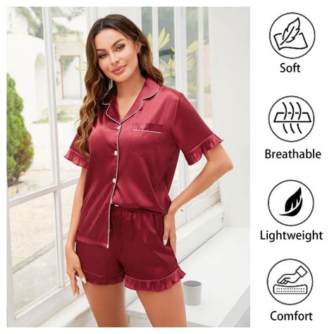 Silk Satin Pajama Sets For Women Ruffle Short Sleeve Button Down Pajama