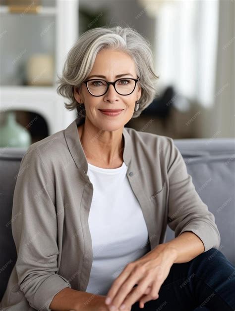 Premium Photo A Woman Wearing Glasses Sits On A Couch With A White Shirt That Says Shes A Lady