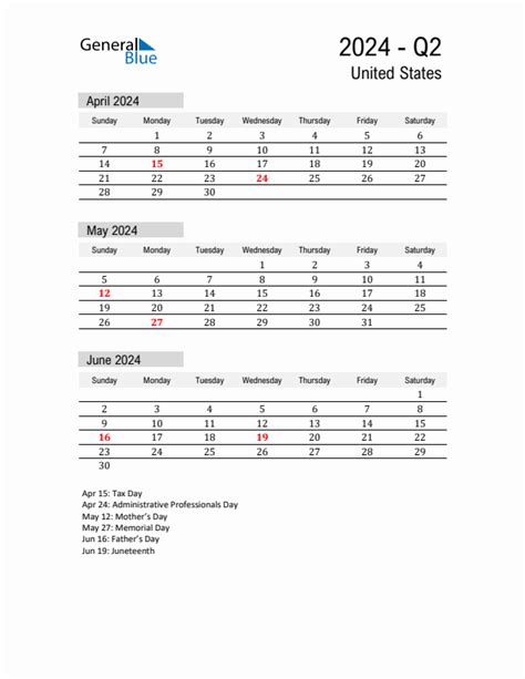 United States Quarter 2 2024 Calendar With Holidays