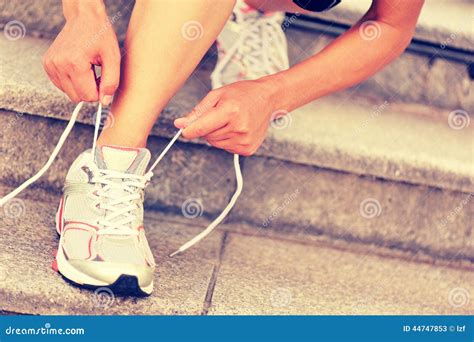 Young Woman Runner Tying Shoelace Stock Image Image Of Athletic