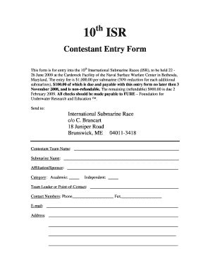 Fillable Online Isrsubrace Contestant Entry Form Isrsubraceorg Fax