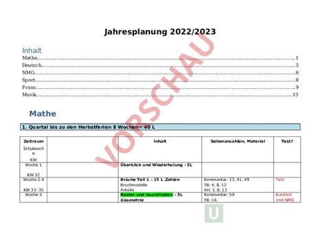 Arbeitsblatt Jahresplanung Klasse Administration Methodik