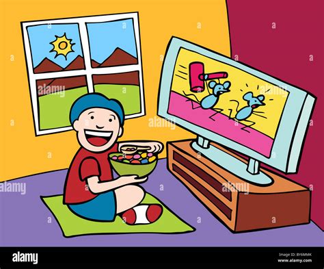 Cartoon of child watching television Stock Photo - Alamy