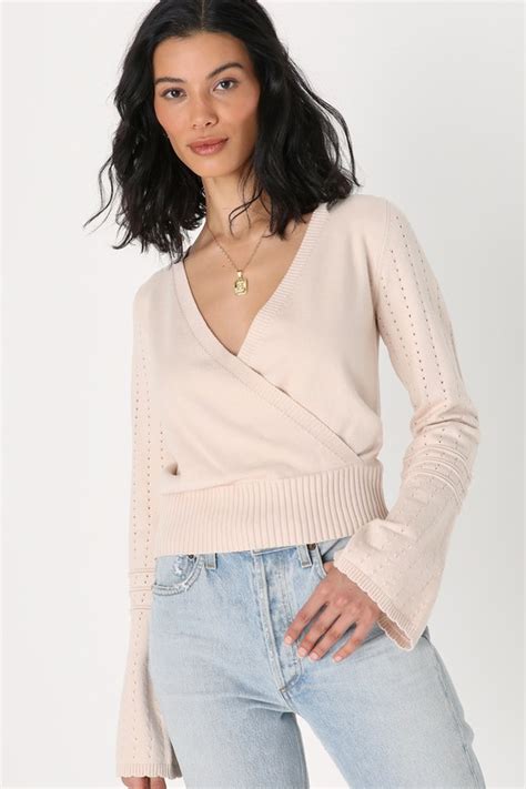 Beige Knit Sweater Surplice Sweater Pointelle Knit Sweater Lulus