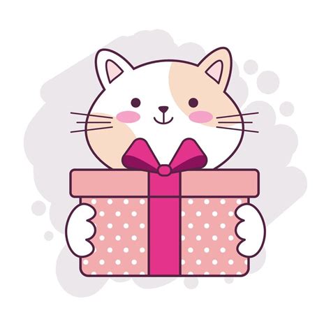 Cute Kawaii Cat Holding A Gift Box Hand Drawn Cartoon Illustration For