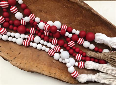 Red And White Stripe Wooden Bead Garland With Tassel Tiered Etsy Wooden Bead Garland Wood