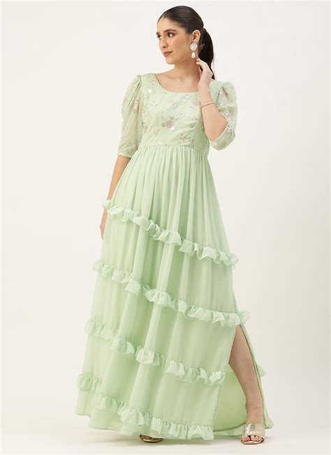 Buy Green Georgette Embroidered Ruffle Maxi Dress Festive Wear Online