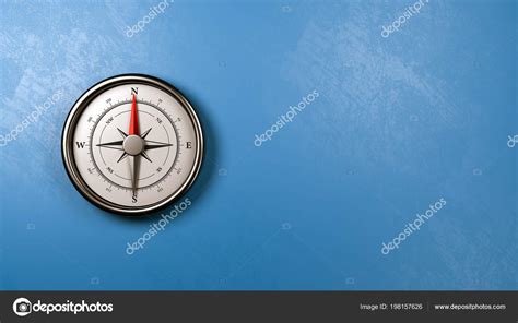 Metallic Compass Red Magnetic Needle Pointing North Plastered Blue Wall