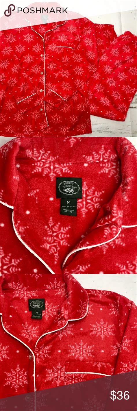 Sale Laura Ashley Pajama Set M Adorable Red Snowflake Fleece Sleepwear