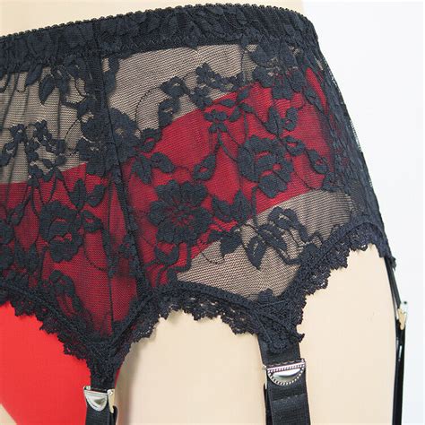 Allacki Black Floral Lace Garter Belt 6 Straps Suspender Belt Sheer