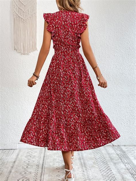 Shein Vcay Vestido Impress O Floral Dits Acabamento De Babados Coxa