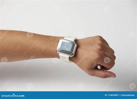 Naked Male Hand With Smart Wristwatch And Digital Clock Stock Image