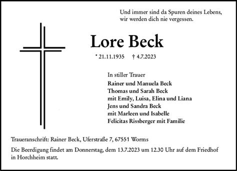 Traueranzeigen Von Lore Beck Vrm Trauer De