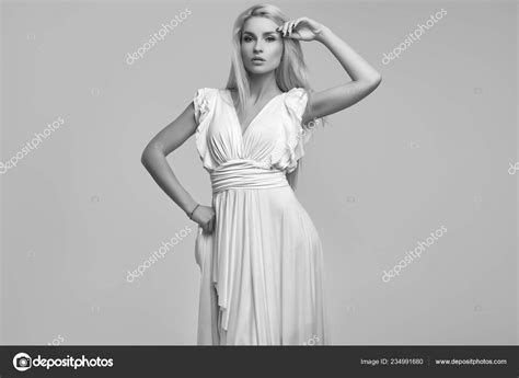 Portrait Gorgeous Sensual Blonde Woman Fashion Antique White Dress Isolated Stock Photo By