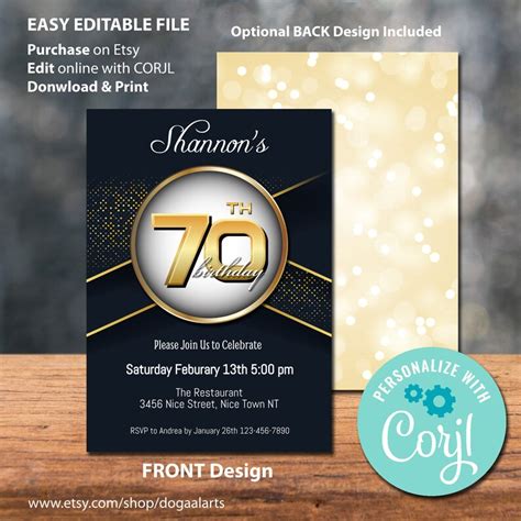 70th Birthday Invitation Digital Download Editable Gold And Navy Blue