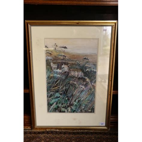 Jean B Martin Rsw Scottish Rsw B1947 Hillside Hamlet Mixed Media