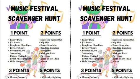 Music Festival Scavenger Hunt Printable Party Game Full Page Or Half