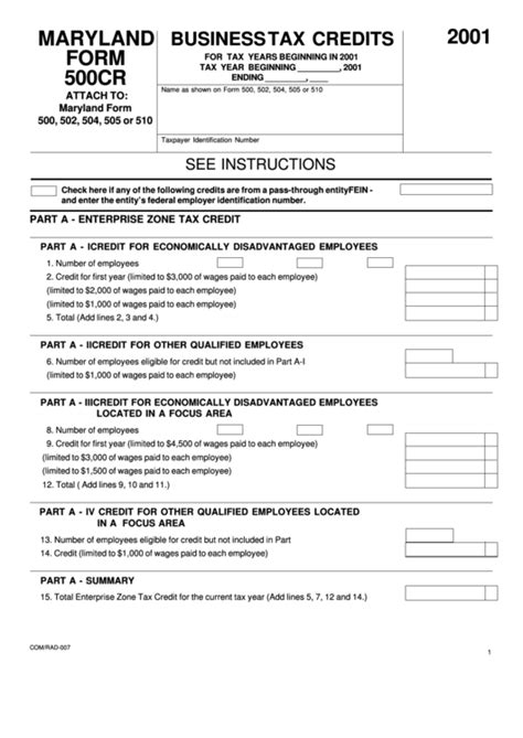 Fillable Form Cr Maryland Business Tax Credits Printable