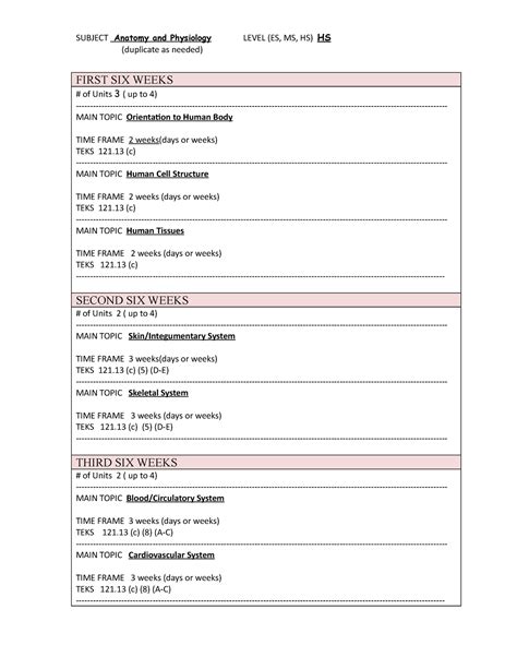 Anatomy Physiology Scope Sequence SUBJECT Anatomy And Physiology