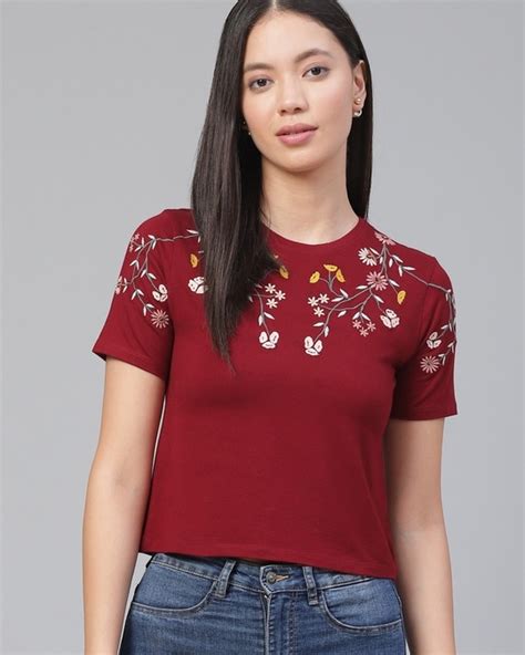 Buy Womens Maroon Floral Embroidered Top For Women Maroon Online At