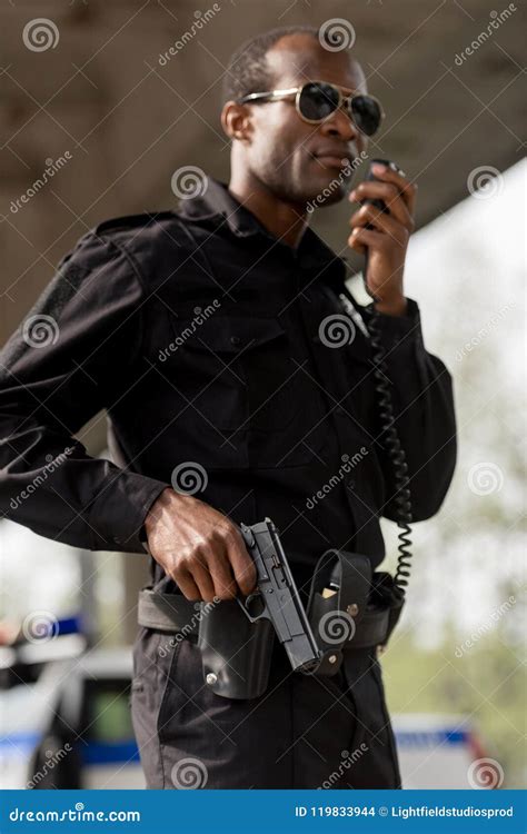 Police Officer Talking By Walkie Talkie Radio Set Stock Photo Image