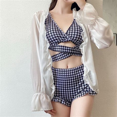 Plaids Floral Bikini Set Design Sense Seaside Charm Sexy Anti Exposure