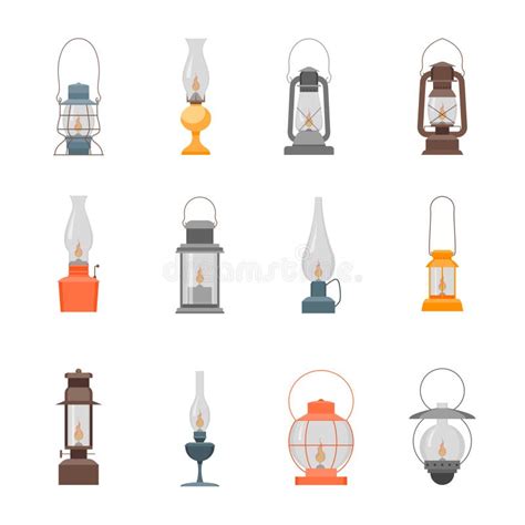 Cartoon Color Different Camp Lamp Old Kerosene Oil Set Vector Stock