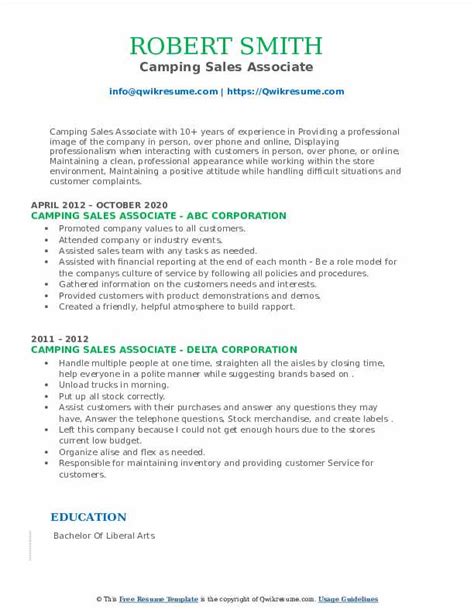 Camping Sales Associate Resume Samples Qwikresume