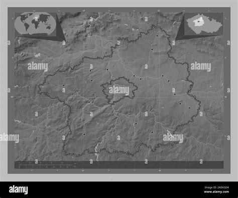 Stredocesky Region Of Czech Republic Grayscale Elevation Map With Lakes And Rivers Locations