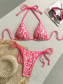 Ensemble de bikini sexy à col ras du cou attaché avec imprimé léopard pour femmes plage et
