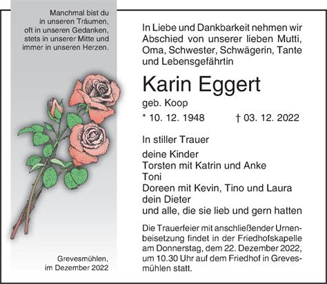 Traueranzeigen Von Karin Eggert Trauer Anzeigen De