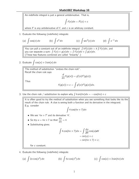 Workshop Sheet 10 Math 1002 At Callaghan Campus Math1002 Workshop 10 An Indefinite Integral