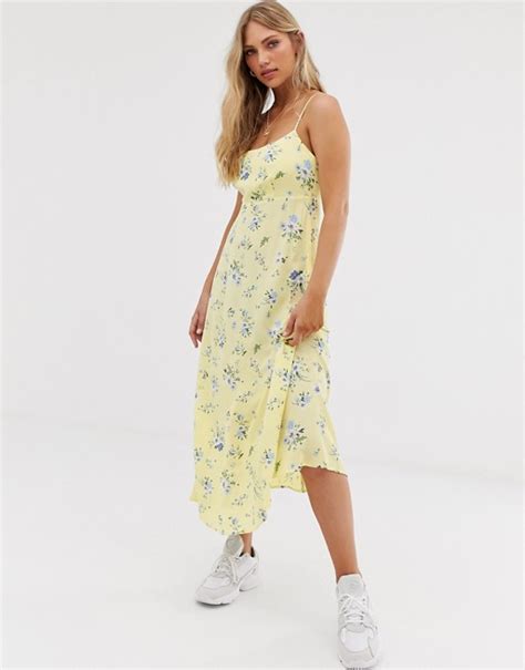 Stradivarius Floral Midi Cami Dress With Laceback In Yellow Asos