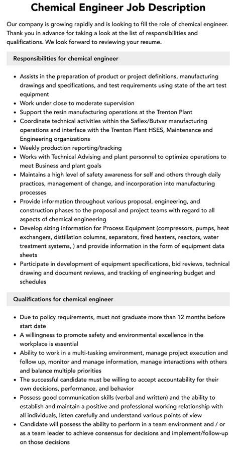 Chemical Engineer Job Description Velvet Jobs