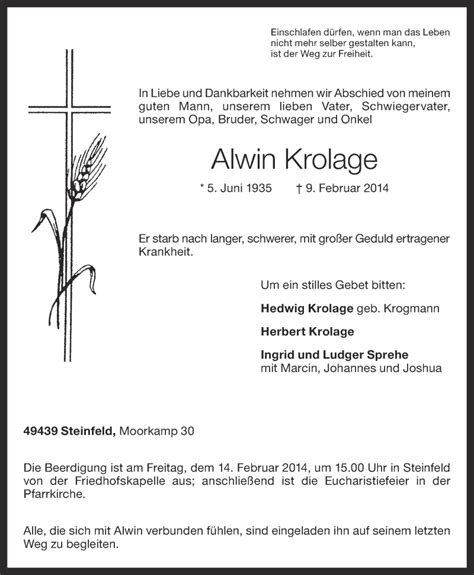 Traueranzeigen Von Alwin Krolage Om Trauer De