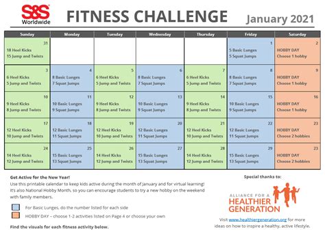 Fitness Challenge Calendar January 2021 - S&S Blog