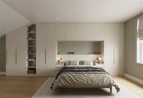 Fitted Overbed wardrobes project with light grey doors and textile ...